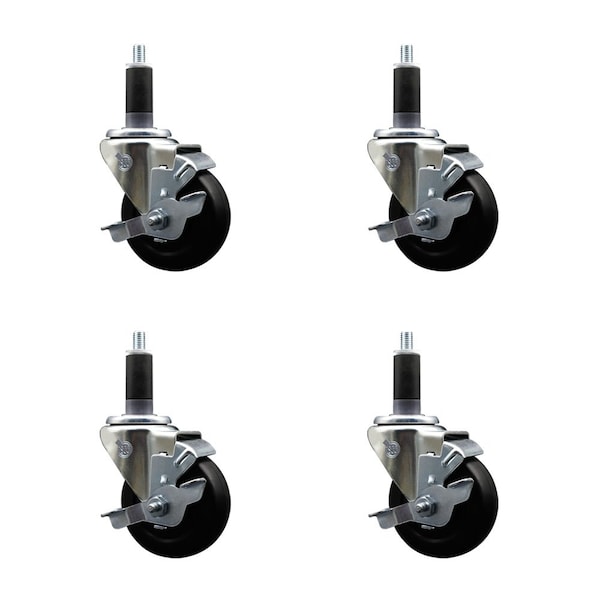 3.5'' Hard Rubber Swivel 1-1/8'' Expanding Stem Caster Set with Brake, 4PK